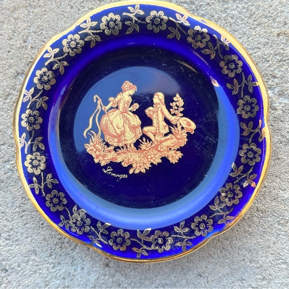 Other - Limoges France Cobalt Blue Miniature Porcelain Plate With Stand Courting Couple